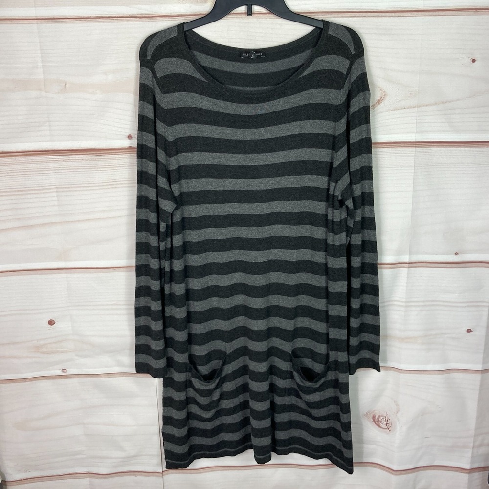 Eileen Fisher Dress Womens L Gray Stripe Knit Long Sleeve Scoop Neck Pullover
